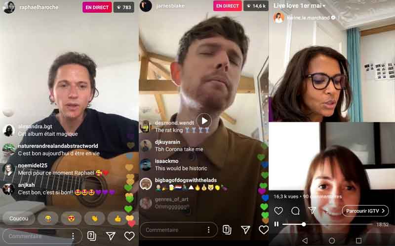 captures d'écran de plusieurs live instagram